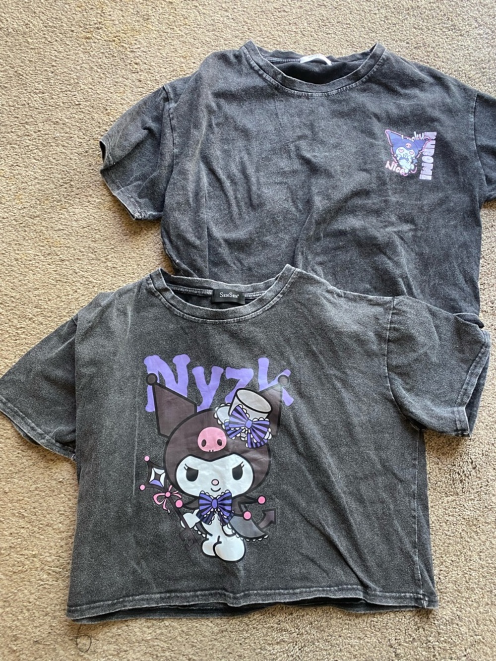 Sanrio Kuromi Black Crop Tee with Purple Graphic gray distressed two MEDIUM